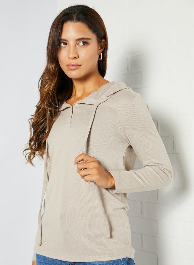 DRIP - Casual Comfortable Button Detail Drawstring Hoodie Beige - Image 1