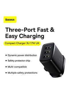 بيسوس شاحن جداري بتصميم مكعب مزود بـ3 منافذ USB بقدرة 17 وات وشدة تيار 3.4 أمبير بمحول تيار بقابس بريطاني مع تقنية الدوائر المكتملة الذكية لأجهزة آيفون، وآي باد، سامسونج جالاكسي، هواوي، وما غير ذلك لون أسود  - Image 2