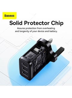 بيسوس شاحن جداري بتصميم مكعب مزود بـ3 منافذ USB بقدرة 17 وات وشدة تيار 3.4 أمبير بمحول تيار بقابس بريطاني مع تقنية الدوائر المكتملة الذكية لأجهزة آيفون، وآي باد، سامسونج جالاكسي، هواوي، وما غير ذلك لون أسود  - Image 5