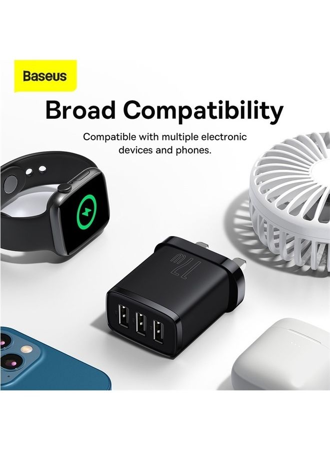 USB Wall Charger, 3-Port 17W/3.4A USB Charger Plug Cube Portable UK Power Adapter Plug with Smart IC Technology for iPhone, iPad, Samsung Galaxy, Huawei and etc Black