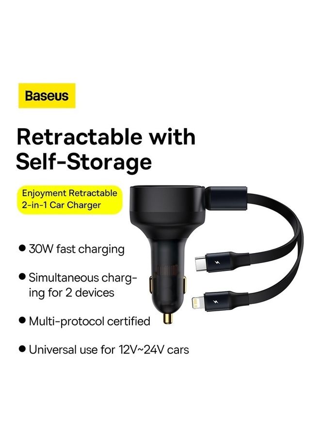 Baseus Car Charger 30W Fast Charging Retractable Type-C and Lightning Cable Quick Mobile Phone Charger for iPhone 14/14Pro Max/13/12/11 Series Samsung , Huawei, Xiaomi and many more Black  - Image 2