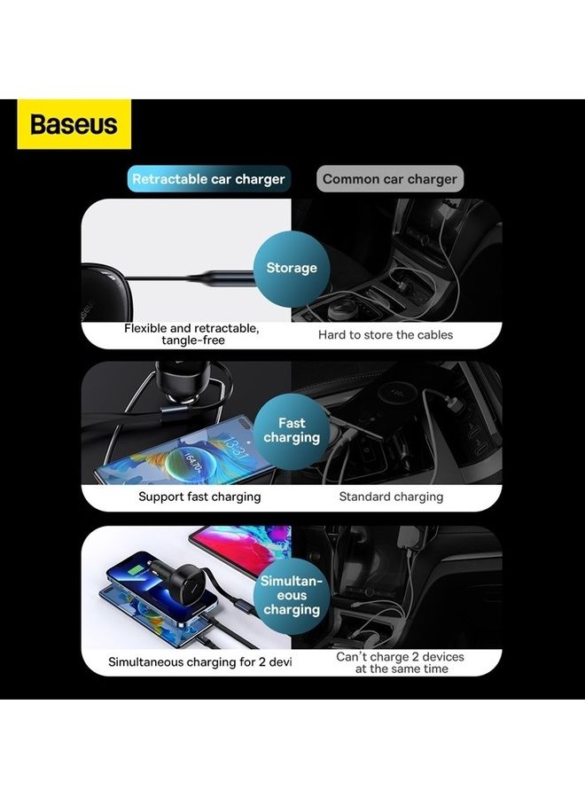 Baseus Car Charger 30W Fast Charging Retractable Type-C and Lightning Cable Quick Mobile Phone Charger for iPhone 14/14Pro Max/13/12/11 Series Samsung , Huawei, Xiaomi and many more Black  - Image 4