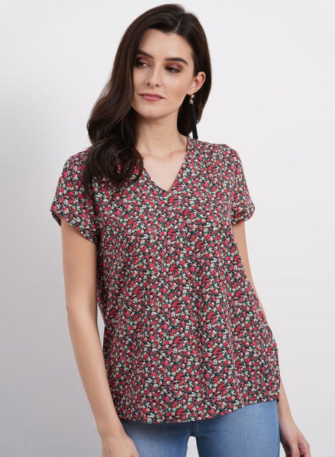 V-Neck Floral Printed Casual Top Multicolour