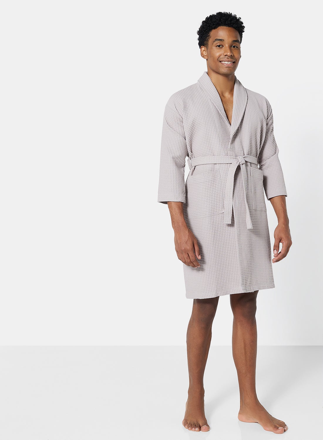 Bathrobe - 280 GSM 100% Cotton Waffle Quick Dry And Lightweight - Shawl Collar & Pocket - Silver Grey Color - 1 Piece 