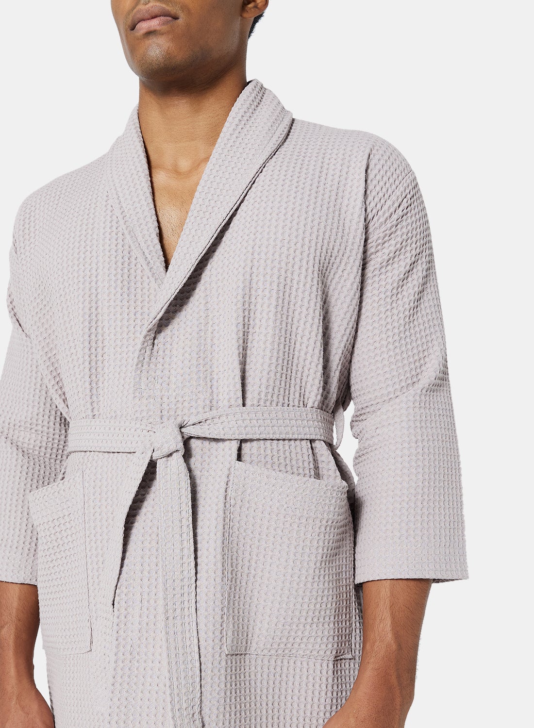 Bathrobe - 280 GSM 100% Cotton Waffle Quick Dry And Lightweight - Shawl Collar & Pocket - Silver Grey Color - 1 Piece 