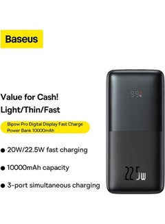 Baseus 10000 mAh USB C Portable Power Bank with Digital Display (10000 mAh with 1 USB C Port and 2 USB A Ports for up to 22.5W Charging for iPhone, Android, AirPods, iPad, and More) – Black  - Image 2
