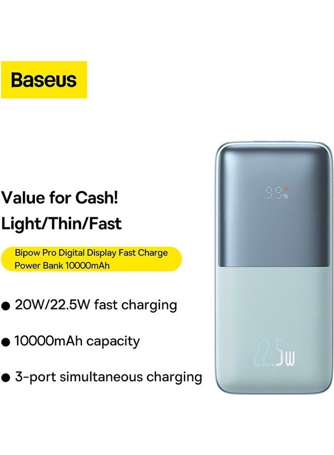 Baseus - 10000 mAh USB C Portable Power Bank with Digital Display (10000 mAh with 1 USB C Port and 2 USB A Ports for up to 22.5W Charging for iPhone, Android, AirPods, iPad, and More) – Blue - Image 1
