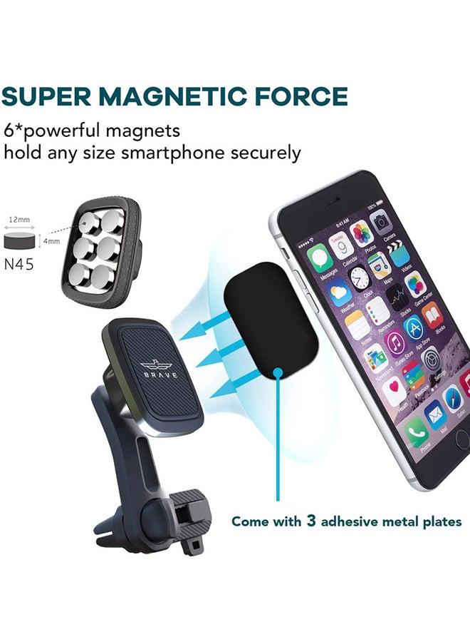 Brave - BRAVE Magnetic Car Holder, Double Air Vent Locking Phone Mount, Easly Mountable on AC Vent Mobile Stand, 360° Rotation Long, Reachable Neck Double Expandable for Smartphone, Tablet, GPS, and More Black - Image 1