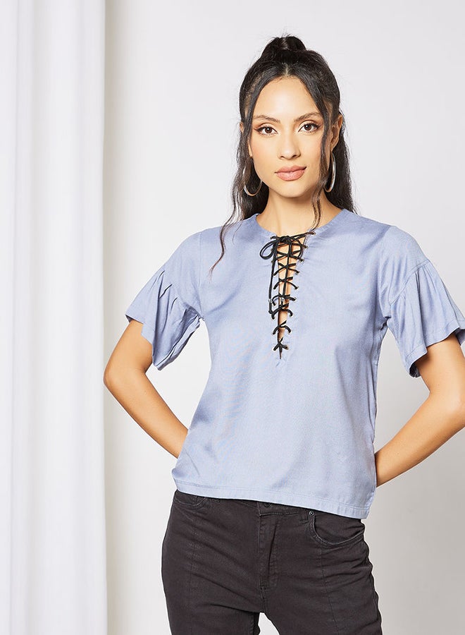 Blue Saint Lace-Up Neck Top Blue  - Image 1