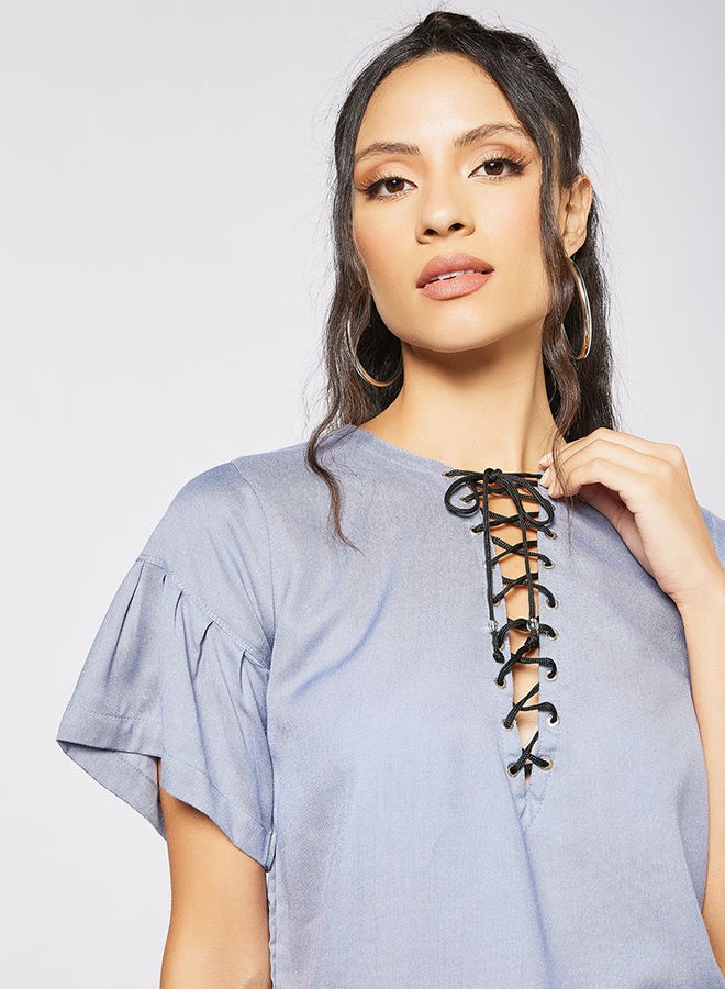 Blue Saint Lace-Up Neck Top Blue  - Image 4