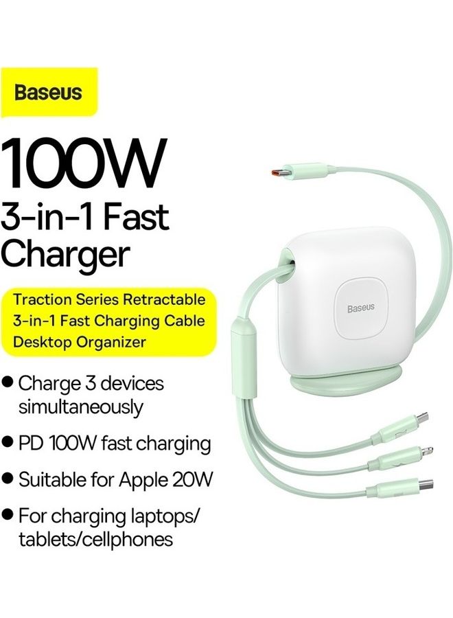 Baseus iPhone 15, 3 in 1 Fast Charging Cable 100W Retractable 1.7M, Type C to Lightning/USB-C/Micro, Data Transfer for iPhone 15 Pro Max, iPhone 15/15 Plus, iPad Pro, and MacBook/Huawei/Samsung and More Green Green - Image 2