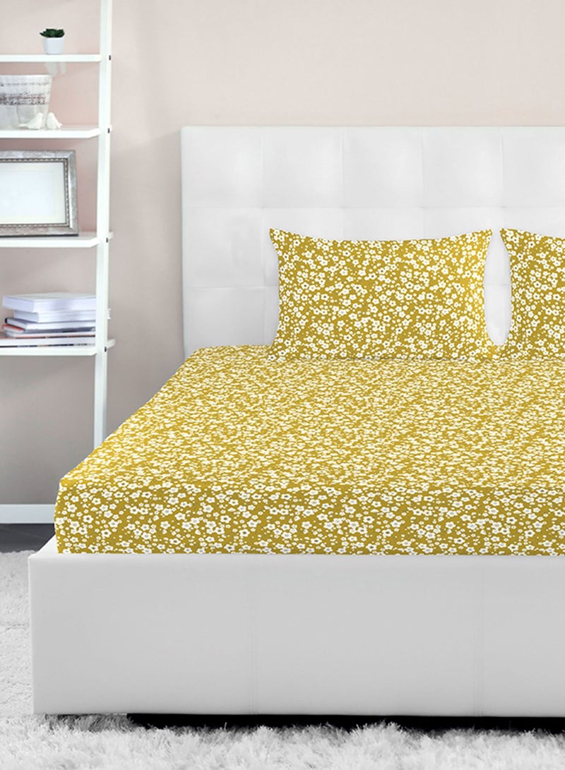 Amal - Fitted Bedsheet Set Single Size High Quality 100% Cotton Percale 144 TC Light Weight Everyday Use 1 Bed Sheet And 2 Pillow Cases Printed Chintz Gold Cotton Chintz Gold - Image 1