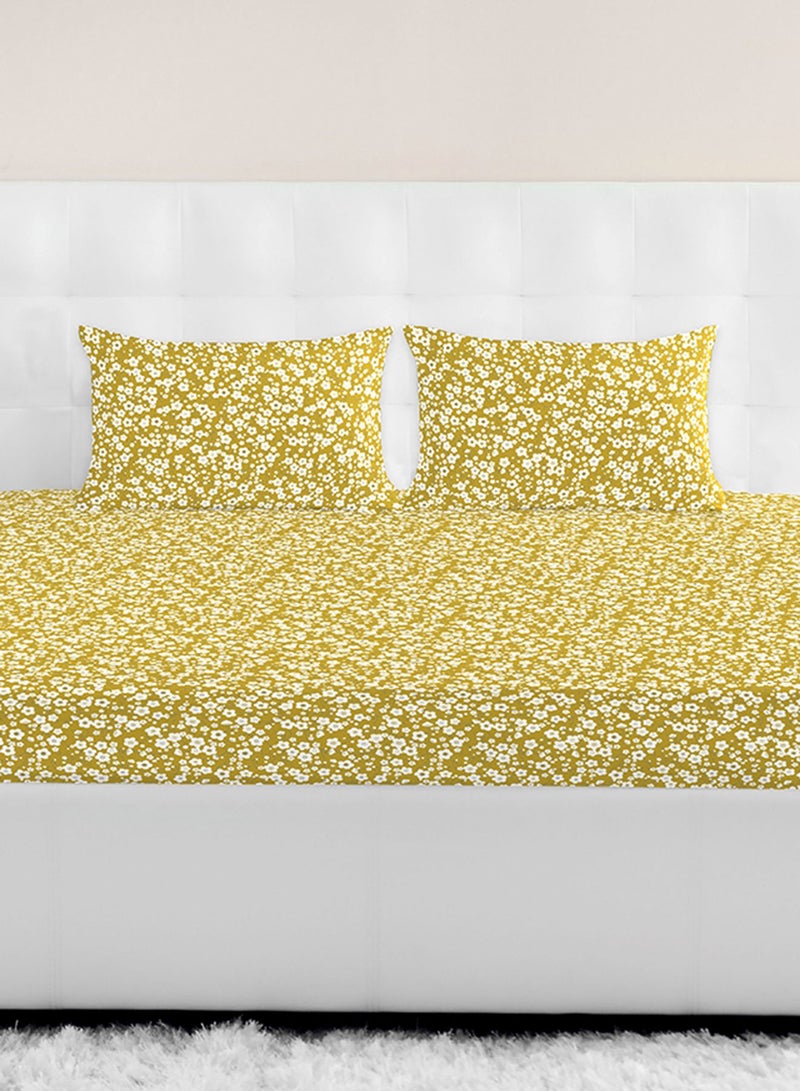 Amal - Fitted Bedsheet Set Single Size High Quality 100% Cotton Percale 144 TC Light Weight Everyday Use 1 Bed Sheet And 2 Pillow Cases Printed Chintz Gold Cotton Chintz Gold - Image 1