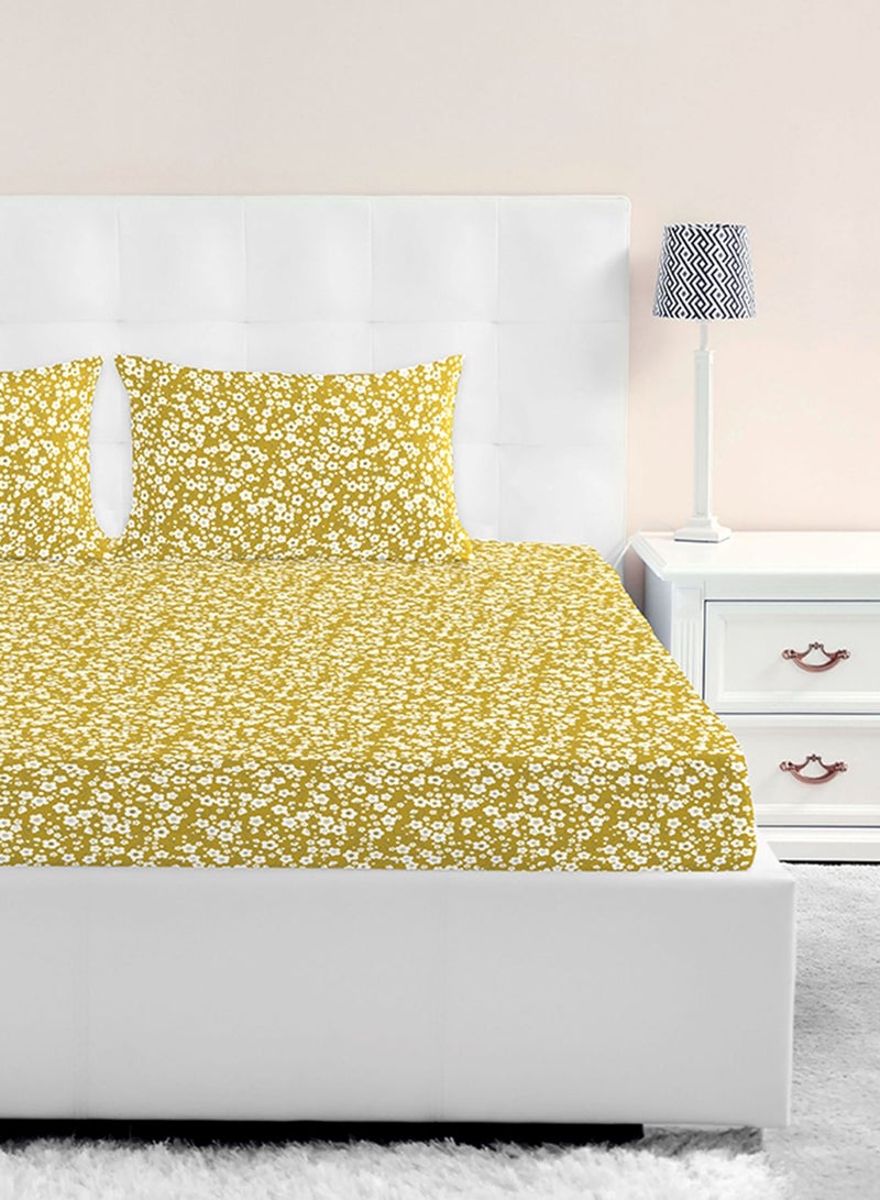Amal - Fitted Bedsheet Set Single Size High Quality 100% Cotton Percale 144 TC Light Weight Everyday Use 1 Bed Sheet And 2 Pillow Cases Printed Chintz Gold Cotton Chintz Gold - Image 1