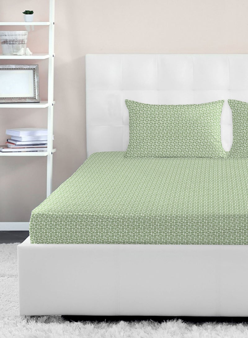 Amal - Fitted Bedsheet Set Single Size High Quality 100% Cotton Percale 144 TC Light Weight Everyday Use 1 Bed Sheet And 2 Pillow Cases Printed Geometric Light Green Cotton Geometric Light Green - Image 1