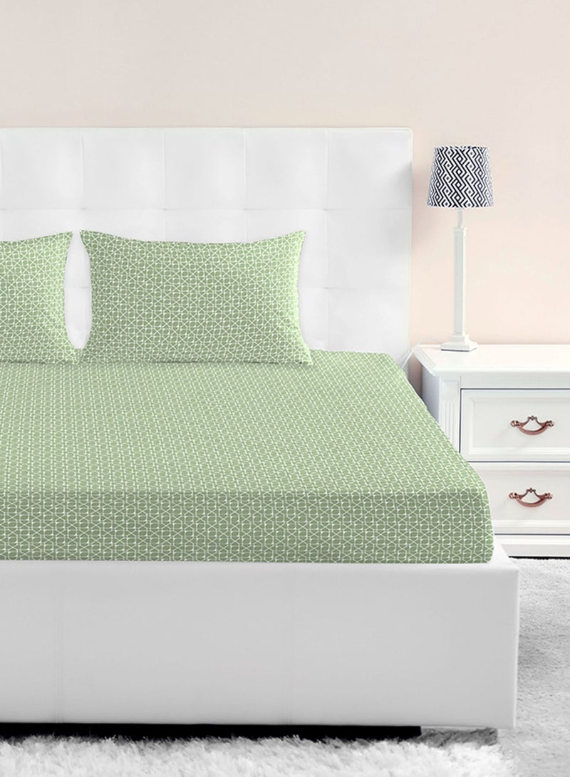 Amal - Fitted Bedsheet Set Single Size High Quality 100% Cotton Percale 144 TC Light Weight Everyday Use 1 Bed Sheet And 2 Pillow Cases Printed Geometric Light Green Cotton Geometric Light Green - Image 1