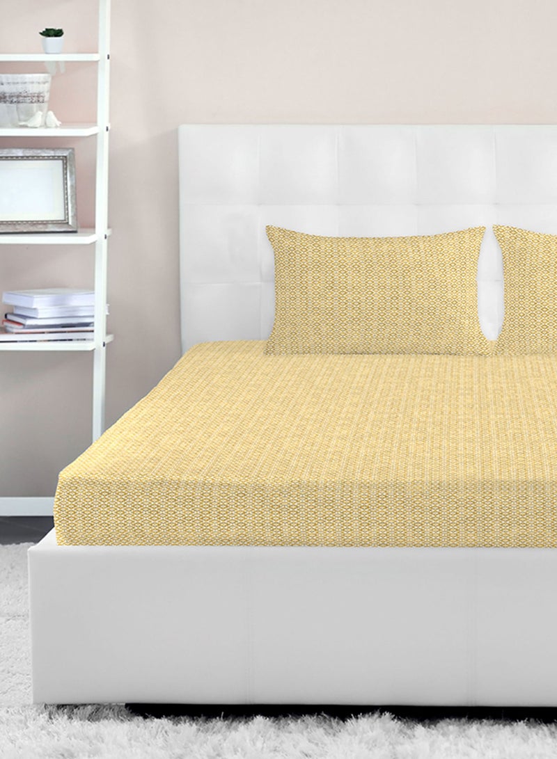 Amal - Fitted Bedsheet Set Single Size High Quality 100% Cotton Percale 144 TC Light Weight Everyday Use 1 Bed Sheet And 2 Pillow Cases Printed Gold Cotton Gold - Image 1