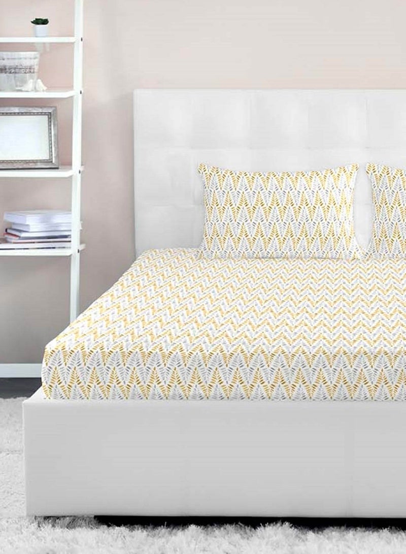 Amal - Fitted Bedsheet Set Single Size High Quality 100% Cotton Percale 144 TC Light Weight Everyday Use 1 Bed Sheet And 2 Pillow Cases Printed White/Mustard Cotton White/Mustard - Image 1