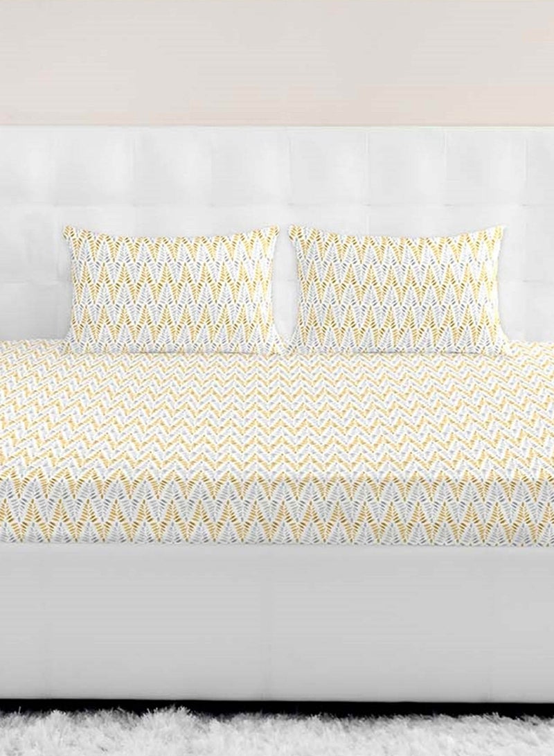 Amal - Fitted Bedsheet Set Single Size High Quality 100% Cotton Percale 144 TC Light Weight Everyday Use 1 Bed Sheet And 2 Pillow Cases Printed White/Mustard Cotton White/Mustard - Image 1