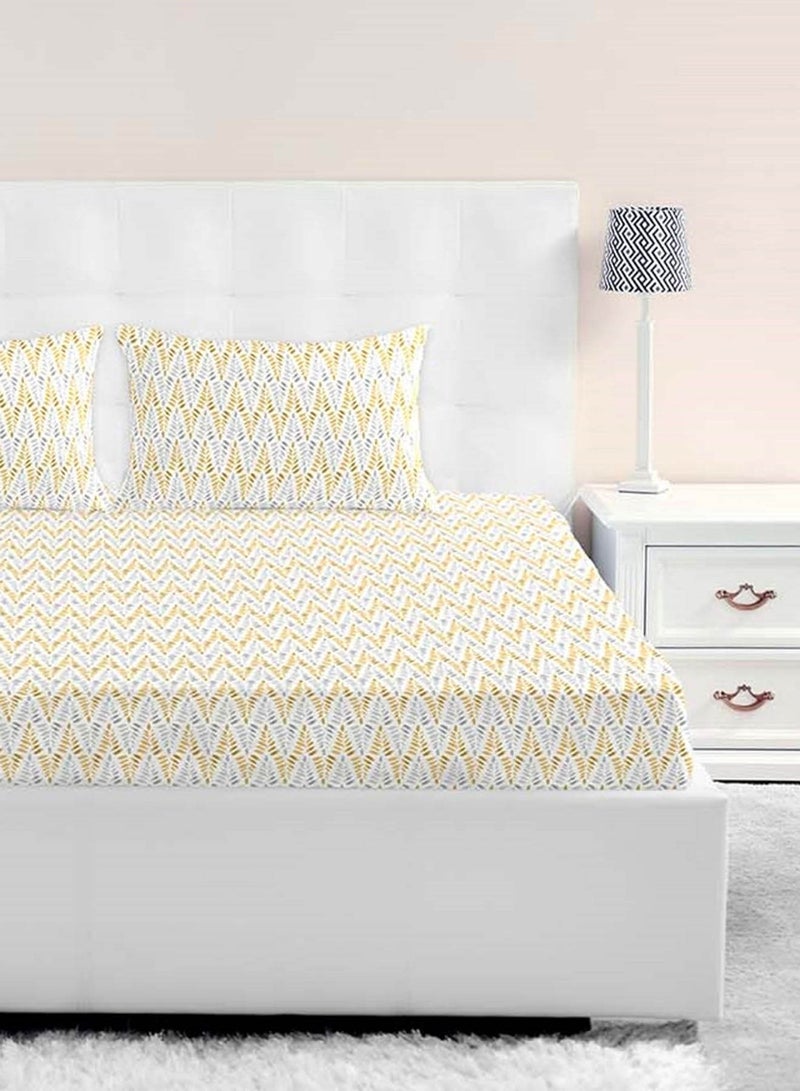 Amal - Fitted Bedsheet Set Single Size High Quality 100% Cotton Percale 144 TC Light Weight Everyday Use 1 Bed Sheet And 2 Pillow Cases Printed White/Mustard Cotton White/Mustard - Image 1