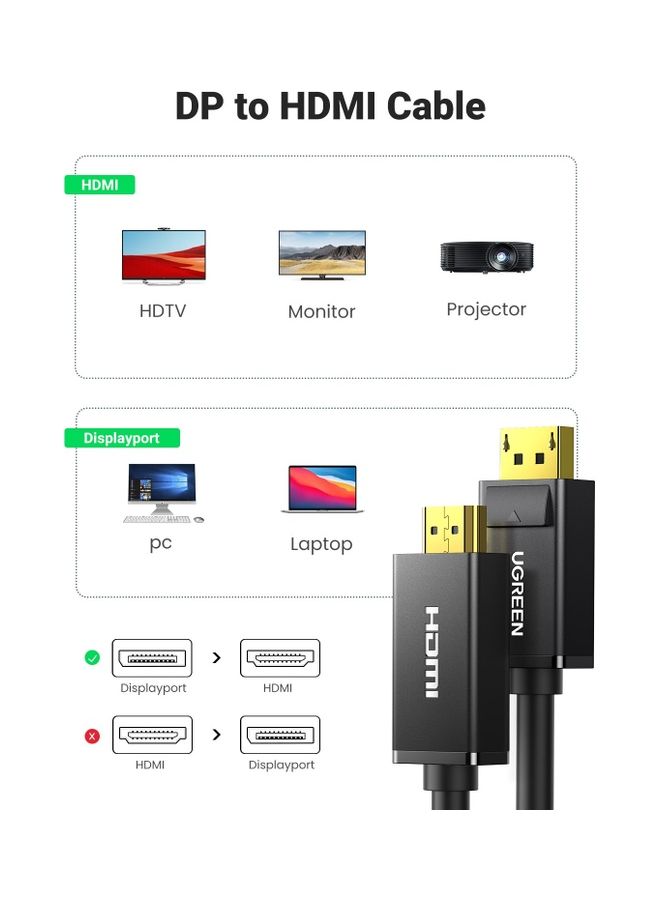 يو جرين - كابل من قابس DP بدقة فائقة الوضوح بجودة 4K إلى HDMI ومتوافق مع أجهزة اللابتوب والكمبيوتر وشاشة التلفزيون والبروجيكتور وHDTV‏ - طول 5 م أسود - Image 1