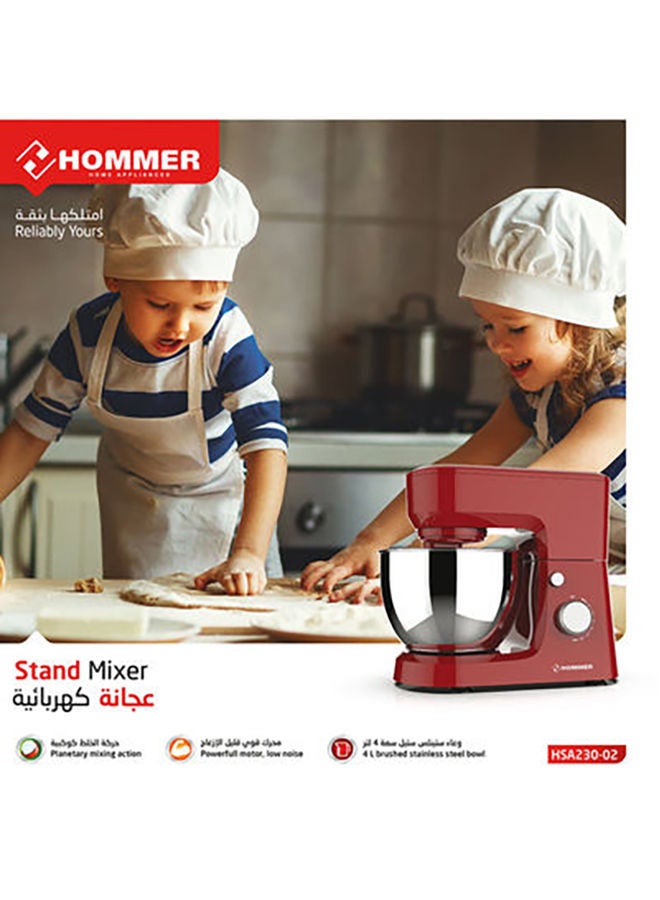 HOMMER - Stand Mixer With Bowl/Whisk, Beater & Dough Hook 4.0 L 600.0 W HSA230-02 Red/Silver - Image 1