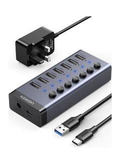 USB Hub 7-ports  USB 3.0 Charging Extender Data Power Adapter with Individual On/Off Switches for Laptop PC HDD Flash Drive with UK Plug Power Adapter Black