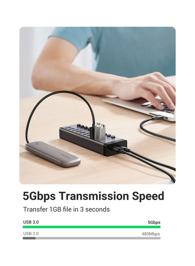 Ugreen - USB Hub 7-ports  USB 3.0 Charging Extender Data Power Adapter with Individual On/Off Switches for Laptop PC HDD Flash Drive with UK Plug Power Adapter Black - Image 1
