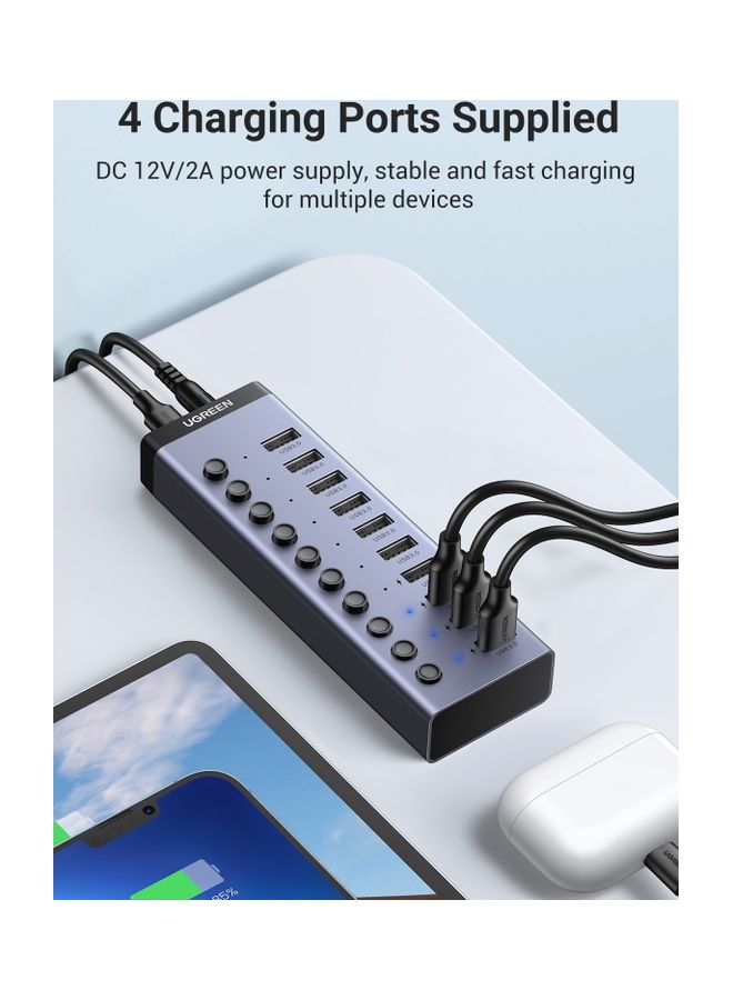 Ugreen - USB Hub 7-ports  USB 3.0 Charging Extender Data Power Adapter with Individual On/Off Switches for Laptop PC HDD Flash Drive with UK Plug Power Adapter Black - Image 1