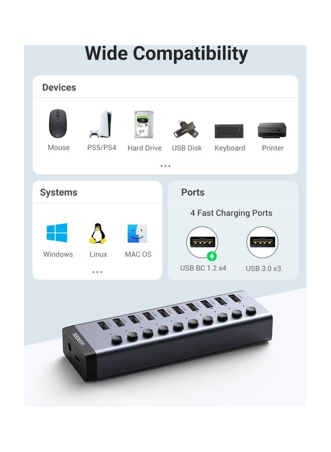 Ugreen - USB Hub 7-ports  USB 3.0 Charging Extender Data Power Adapter with Individual On/Off Switches for Laptop PC HDD Flash Drive with UK Plug Power Adapter Black - Image 1