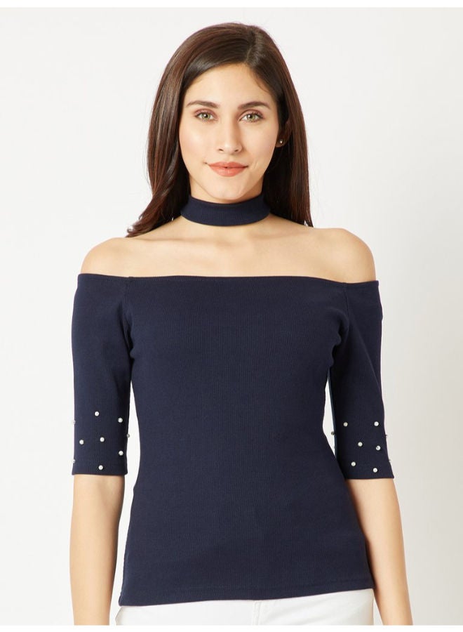 Miss Chase Payphone Pearl Ribbed Choker Top Navy Blue  - Image 1