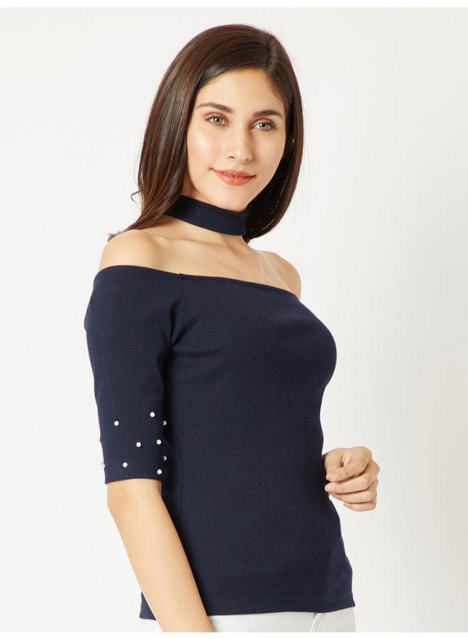 Miss Chase Payphone Pearl Ribbed Choker Top Navy Blue  - Image 3