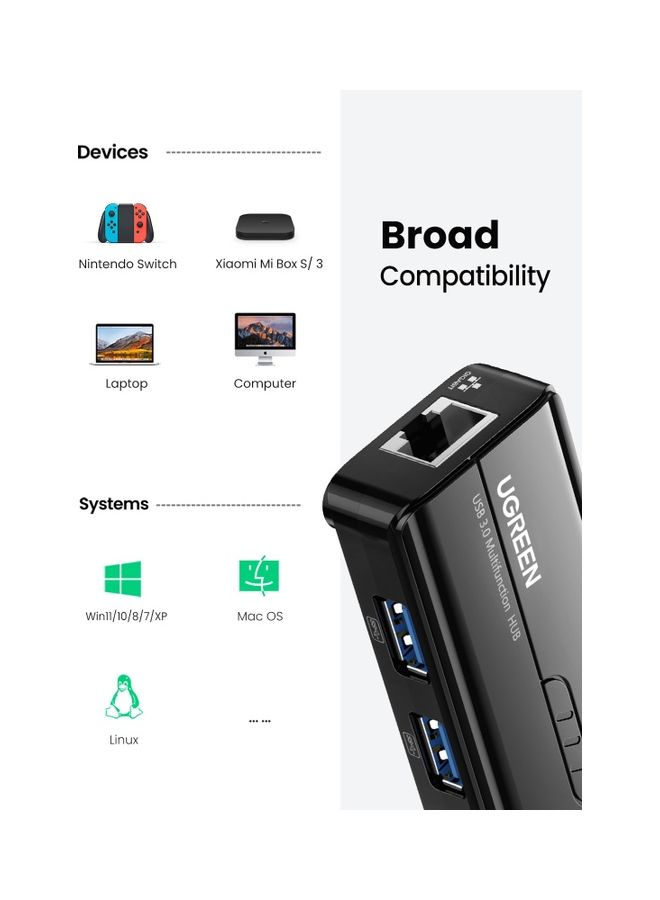 يو جرين - محول موزع شبكة إيثرنت بمنفذ USB 3.0 إلى شبكة جيجابت وRJ45 وLAN متوافق مع أجهزة ماك بوك آير برو وآي ماك برو وسيرفيس برو وكروم بوك وجهاز ألعاب سويتش لون أسود - Image 1