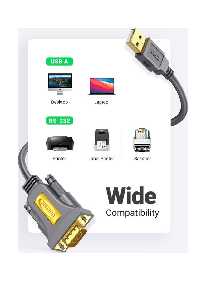 Ugreen - USB A To RS232 Adapter Serial Cable PL2303 Chip DB9 Male Adapter Compatible with Scanner Personal Computer Printer Yellow - Image 1