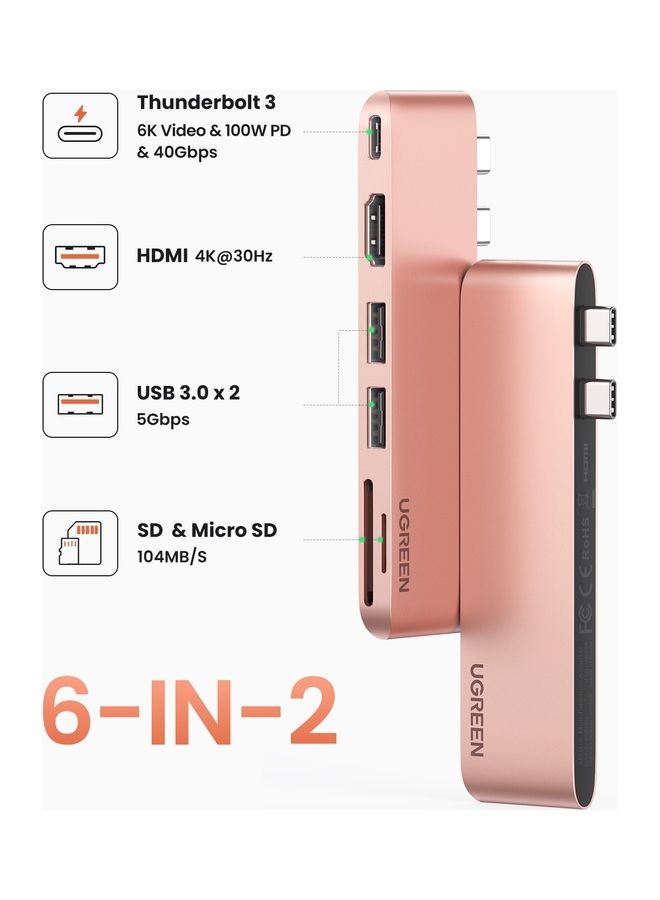 Ugreen - USB C Hub for MacBook Pro 6-In-2 Type C Hub Adapter with 4K HDMI Thunderbolt 3 USB-C Port SD TF Card Reader Rose Gold - Image 1
