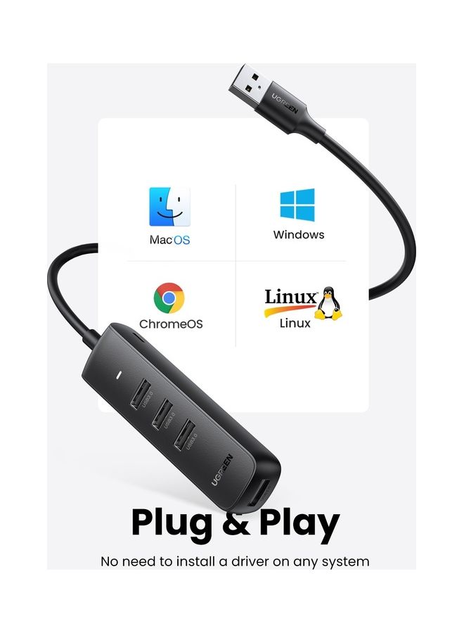 Ugreen - USB 3.0 Hub 4-Port USB  Adapter 5Gbps High-Speed Data Extender  Compatible for Surface Pro MacBook Mac Mini iMac XPS PS5 USB Flash Drive 0.25M Cable Black - Image 1