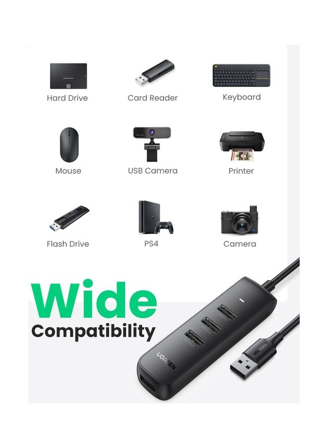 Ugreen - USB 3.0 Hub 4-Port USB  Adapter 5Gbps High-Speed Data Extender  Compatible for Surface Pro MacBook Mac Mini iMac XPS PS5 USB Flash Drive 0.25M Cable Black - Image 1