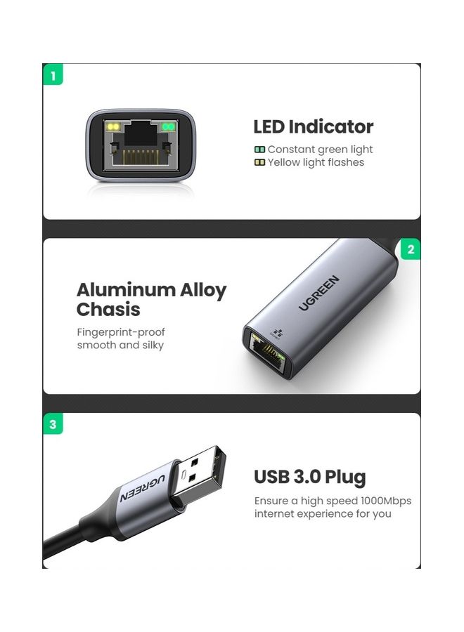 Ugreen - Network Adapter Aluminum USB 3.0 to Ethernet Gigabit RJ45 LAN 1000 Mbps Compatible for Switch MacBook/ MacPro/ iPhone Mini iMac/ XPS Surface Pro /Notebook Space Grey - Image 1