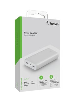 belkin 20000 mAh BoostCharge USB C Powerbank- 30W PD Fast Charger w/ USB-C And USB Ports, Chargers For Macbook Pro/iPad Pro 11/12.9 Inch/ iPhone 15/14 Or Older, Google, Samsung, Huawei White  - Image 3