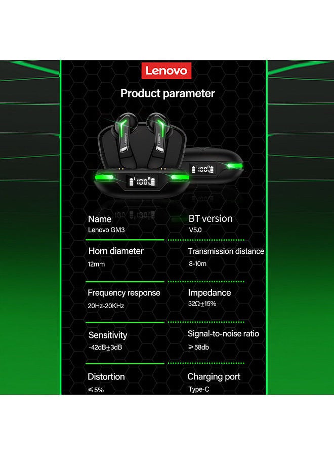 Lenovo GM3 True Wireless BT Gaming In-Ear Headphones With HiFi Sound Quality And Dual Mode LED Display Screen Black - Image 3