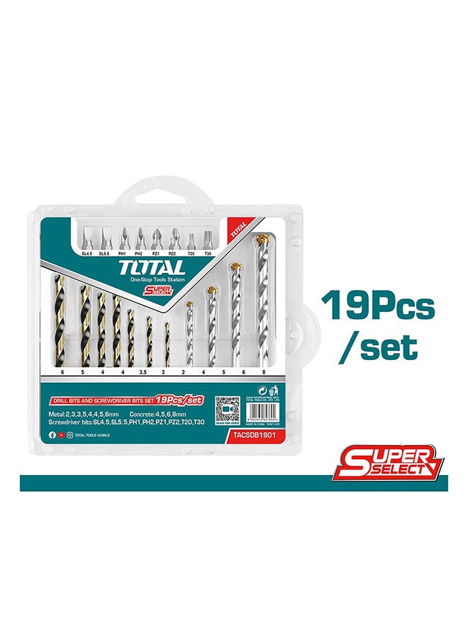 TOTAL 19 Piece Drill Bits & Screwdriver Bits Set Teal / Grey
