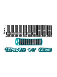 TOTAL 10 Pcs 1/2" Deep Impact Socket Set Teal / Grey 10mm-24mm 