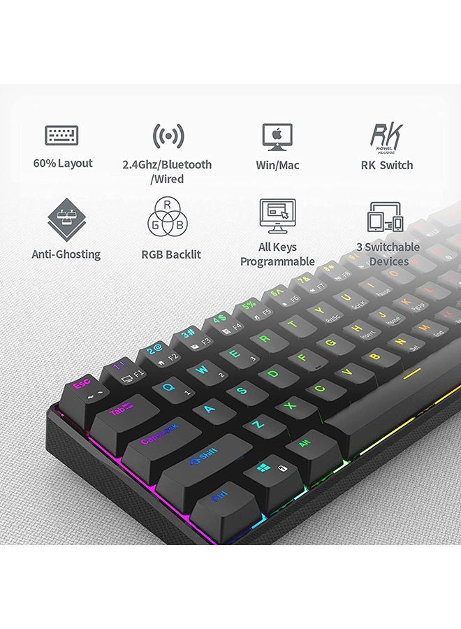 Royal Kludge - RK61 Three Mode 2.4Ghz Wireless/Bluetooth/Wired 60% Mechanical Keyboard, 61 Keys RGB Brown Switch Gaming Keyboard With Software For Win/Mac Black - Image 1