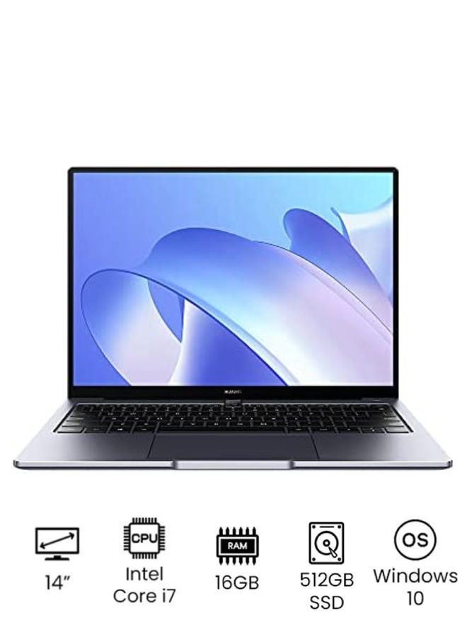 هواوي - كمبيوتر محمول ميت بوك 14 2021 بشاشة LED مقاس 14 بوصة ومعالج إنتل كور i7 من الجيل الحادي عشر بتردد 2.8 جيجاهرتز/ 16 جيجابايت/ محرك أقراص SSD سعة 512 جيجابايت/ بطاقة رسومات IRIS/ ويندوز 10 سعة 512 جيجابايت العربية رمادي فلكي - Image 1