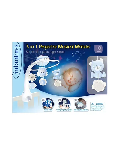 infantino 3-In-1 Projector Musical Mobile, Soothing Crib Light With Mirror, Starry Ceiling Projection, Auto-Off Timer For Infants 0 Months+ - Blue