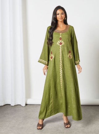 Embroidered Scoop Neck Trendy Modest Jalabiya Mehndi Green - v1660920164/N49851660V_1
