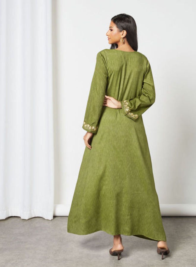 Embroidered Scoop Neck Trendy Modest Jalabiya Mehndi Green