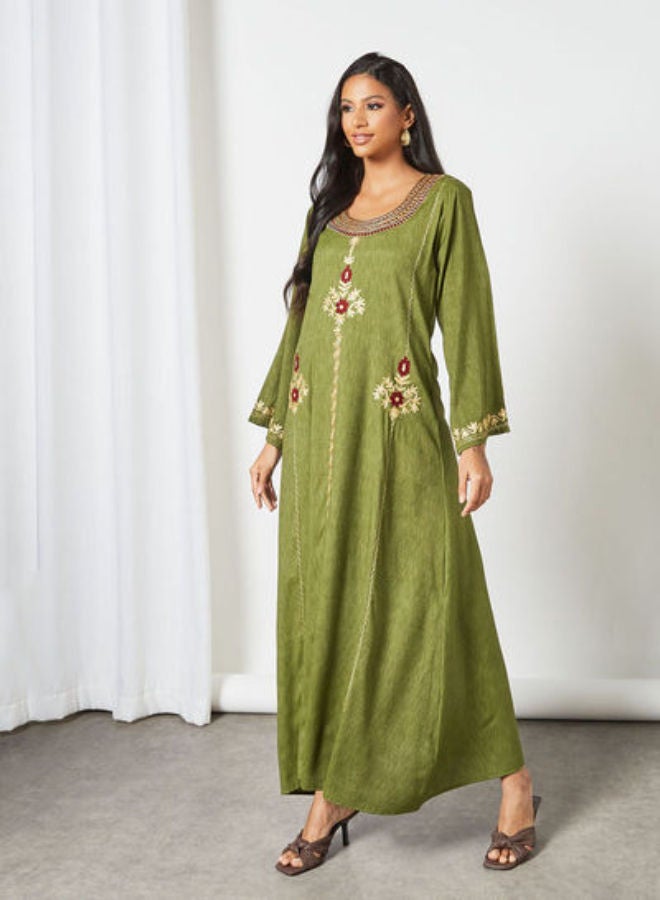 Embroidered Scoop Neck Trendy Modest Jalabiya Mehndi Green