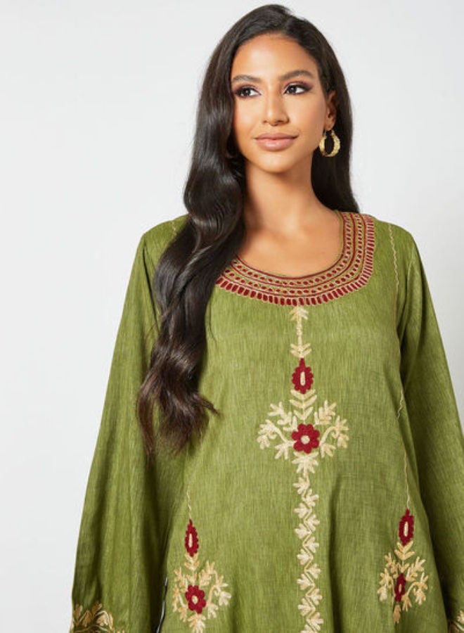 Embroidered Scoop Neck Trendy Modest Jalabiya Mehndi Green
