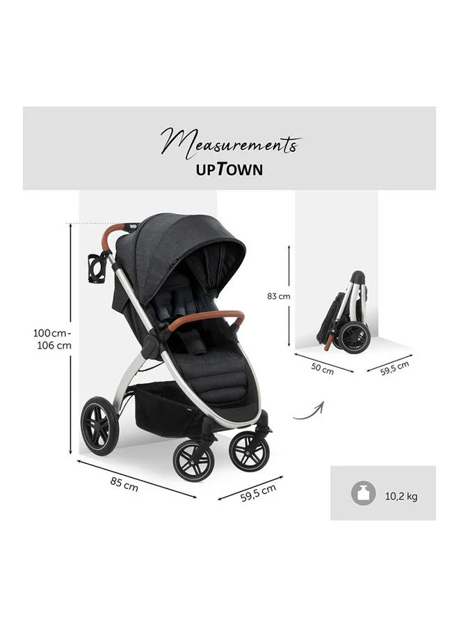 hauck Uptown Pushchair, Melange Black Stroller For All Terrains, Extra Large Seat, Lie - Flat Position, Rubber Wheels, Suspension, Compact And Easy Fold, With Raincover